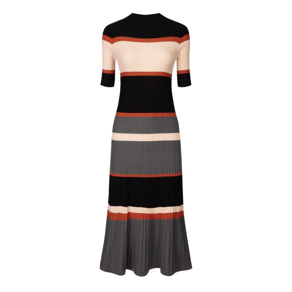 Striped Dress Short Sleeve Midi Knitted Ribbed Dresses Orange